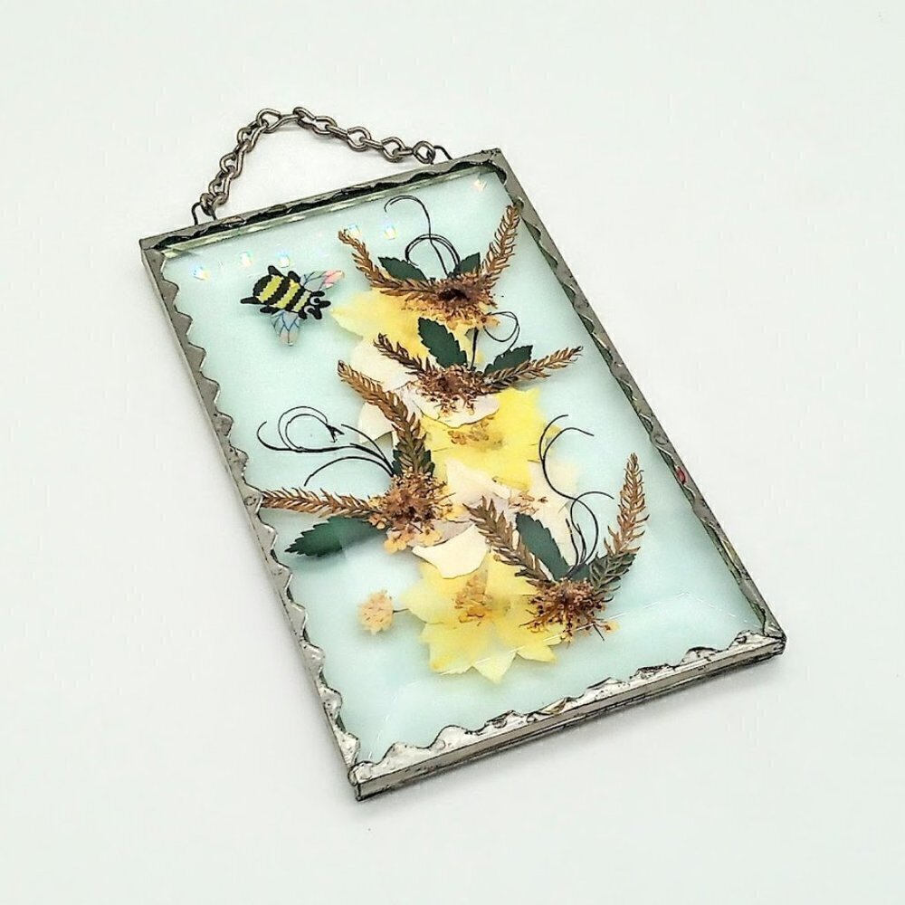 Vintage Pressed Flowers Glass Pewter Framed Wall Art - Bee